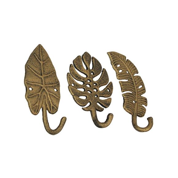 Set of 3 Cast Iron Gold Tropical Leaf Decorative Wall Hooks Towel Hanger Rack - Picture 2 of 8
